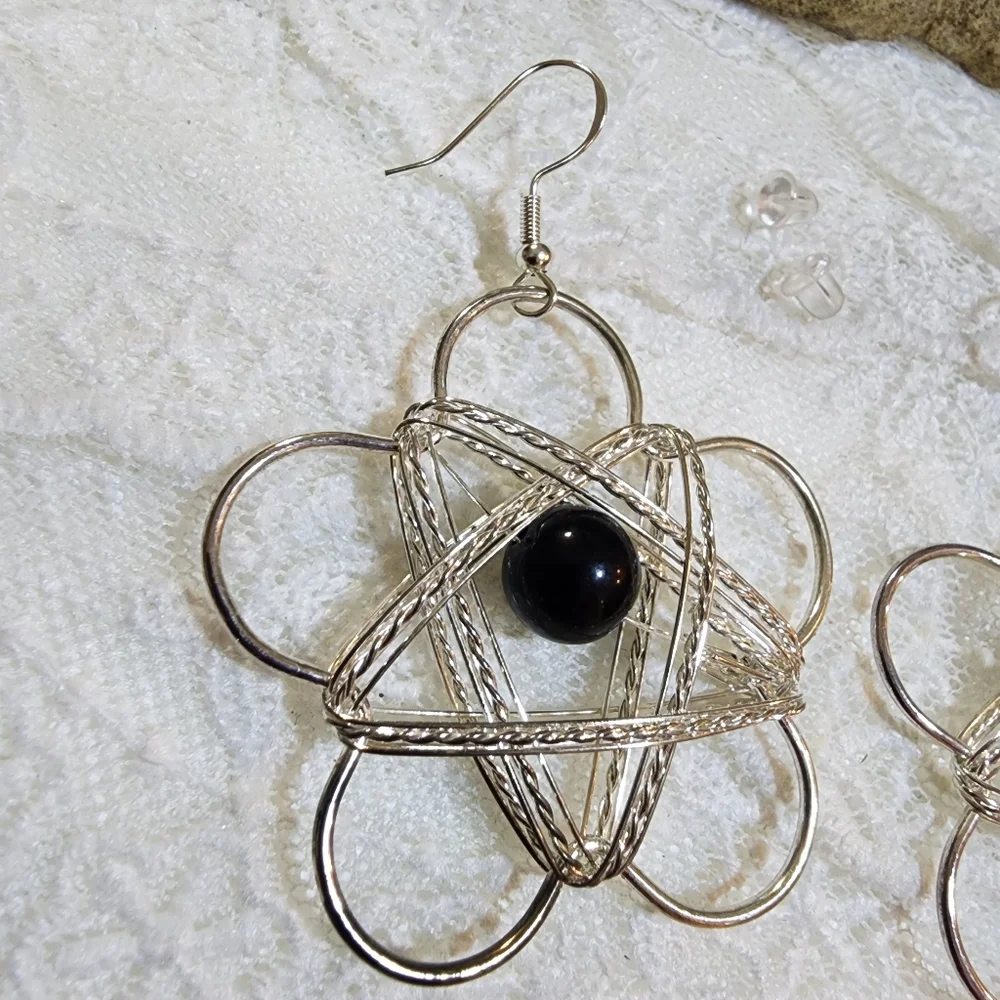 Silver Toned Wire Wrapped Black Beaded Pierced Earrings